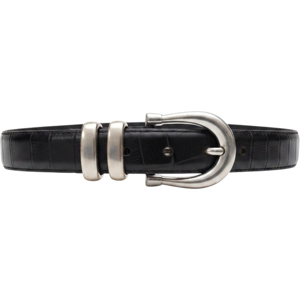 Halby Leather Belt Womens S Black Good Vintage Croc Embossed Silver Buckle 1004